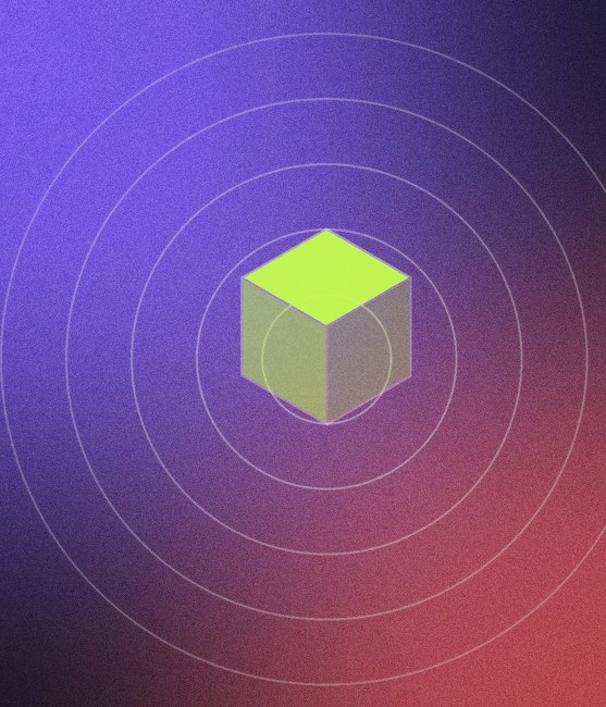 Isometric cube inside concentric rings representing a web3 brand identity